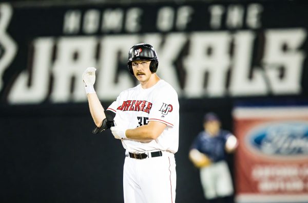 New Jersey Jackals right fielder Josh Rehwaldt arrives at second base after hitting a double in the bottom of the ninth inning during the team's May 21st, 2022 contest against the Gateway Grizzlies. Photo by Phil Hoops